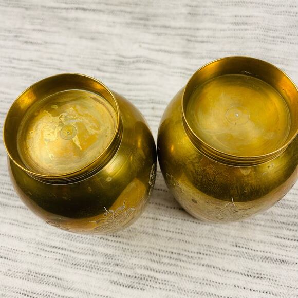 Vintage Brass Aluminum Etched Decorated Cups Candle Holders 4" Tall - Set of 2 - Picture 4 of 4